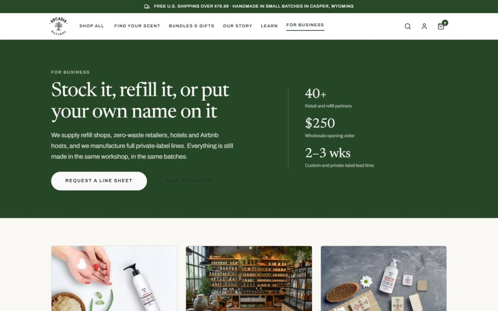Arcadia Natural redesign, For Business page: stock it, refill it, or put your own name on it