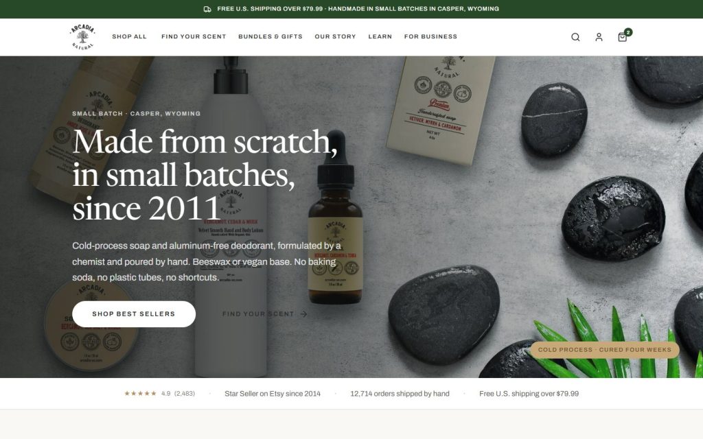 Arcadia Natural redesign, home page: Made from scratch, in small batches, since 2011