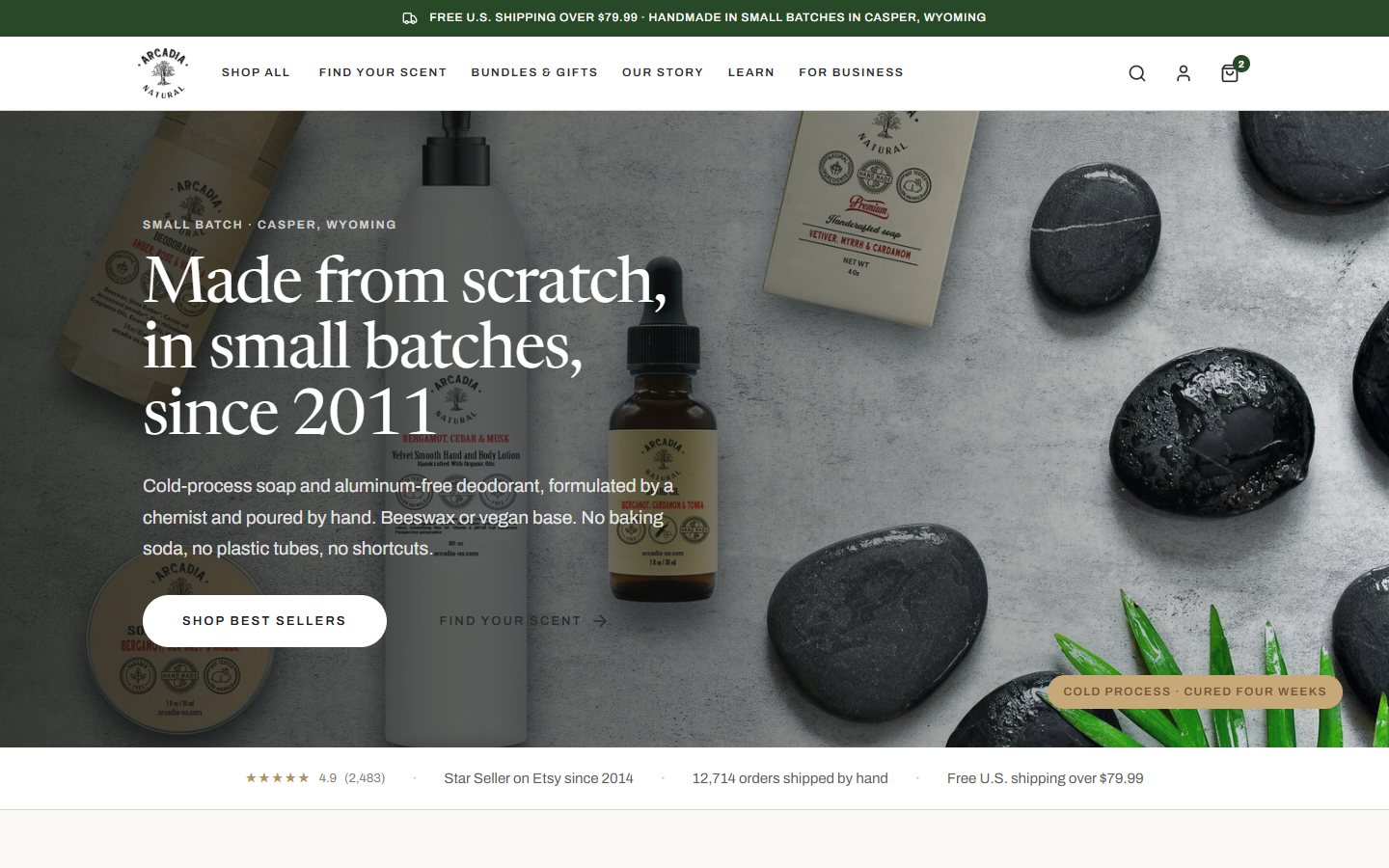 Arcadia Natural redesign, home page: Made from scratch, in small batches, since 2011