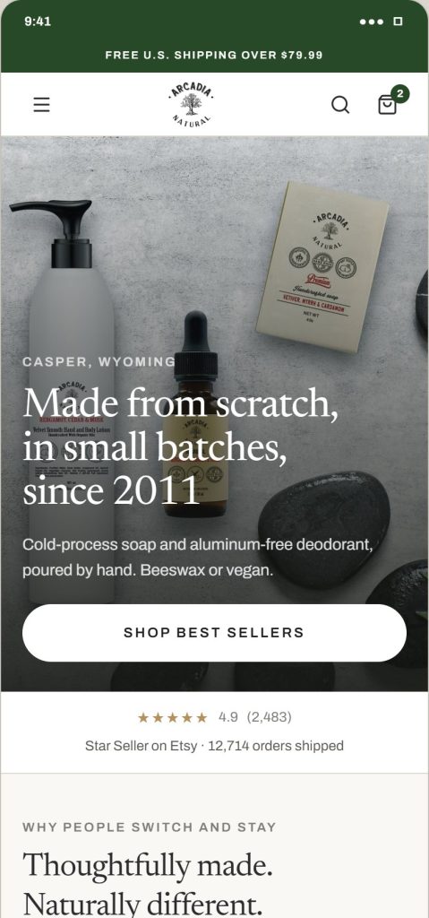 Arcadia Natural redesign, home page on a phone
