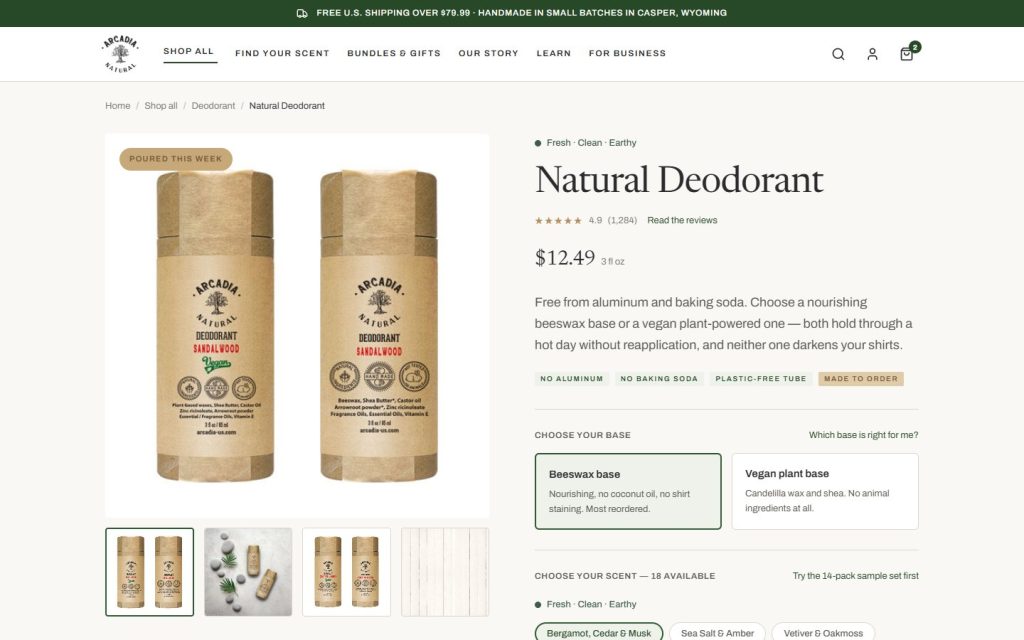 Arcadia Natural redesign, product page: Natural Deodorant with a choice of beeswax or vegan base