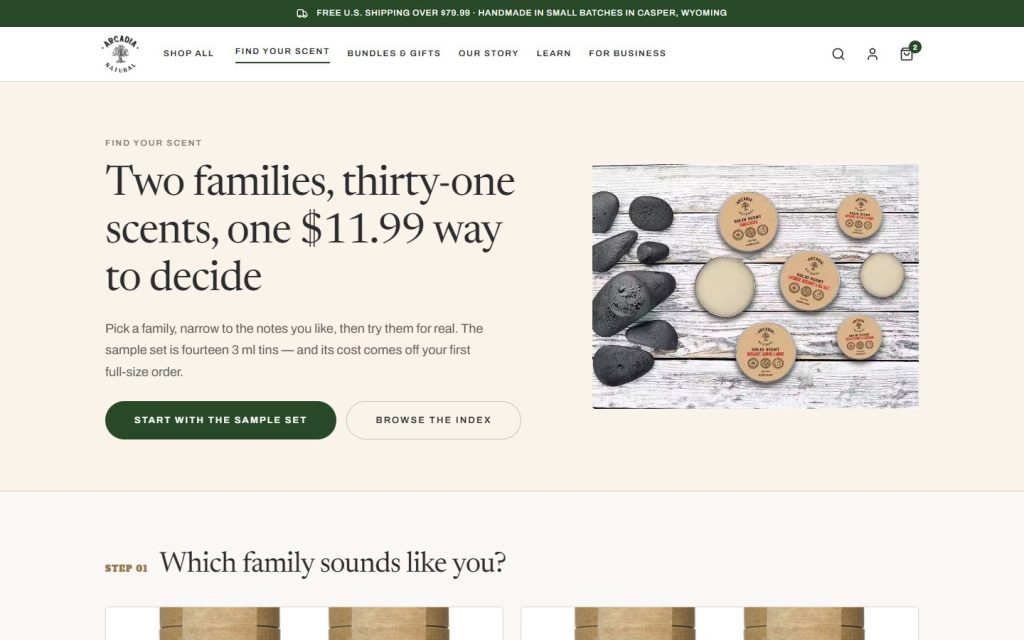 Arcadia Natural redesign, Find Your Scent: two families, thirty-one scents