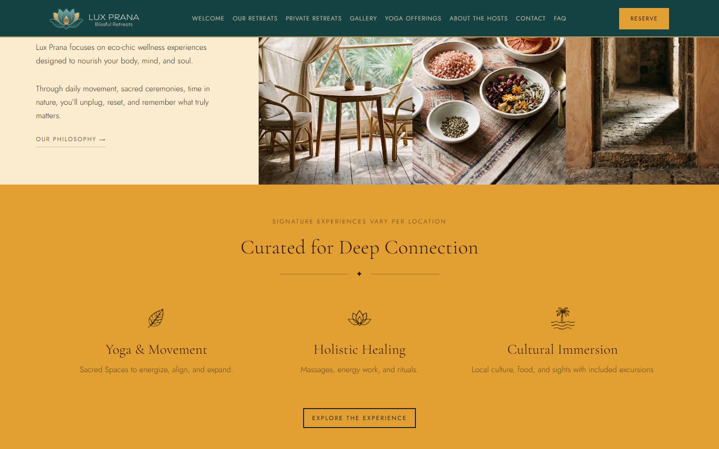 Lux Prana page section: Curated for Deep Connection, on a gold field