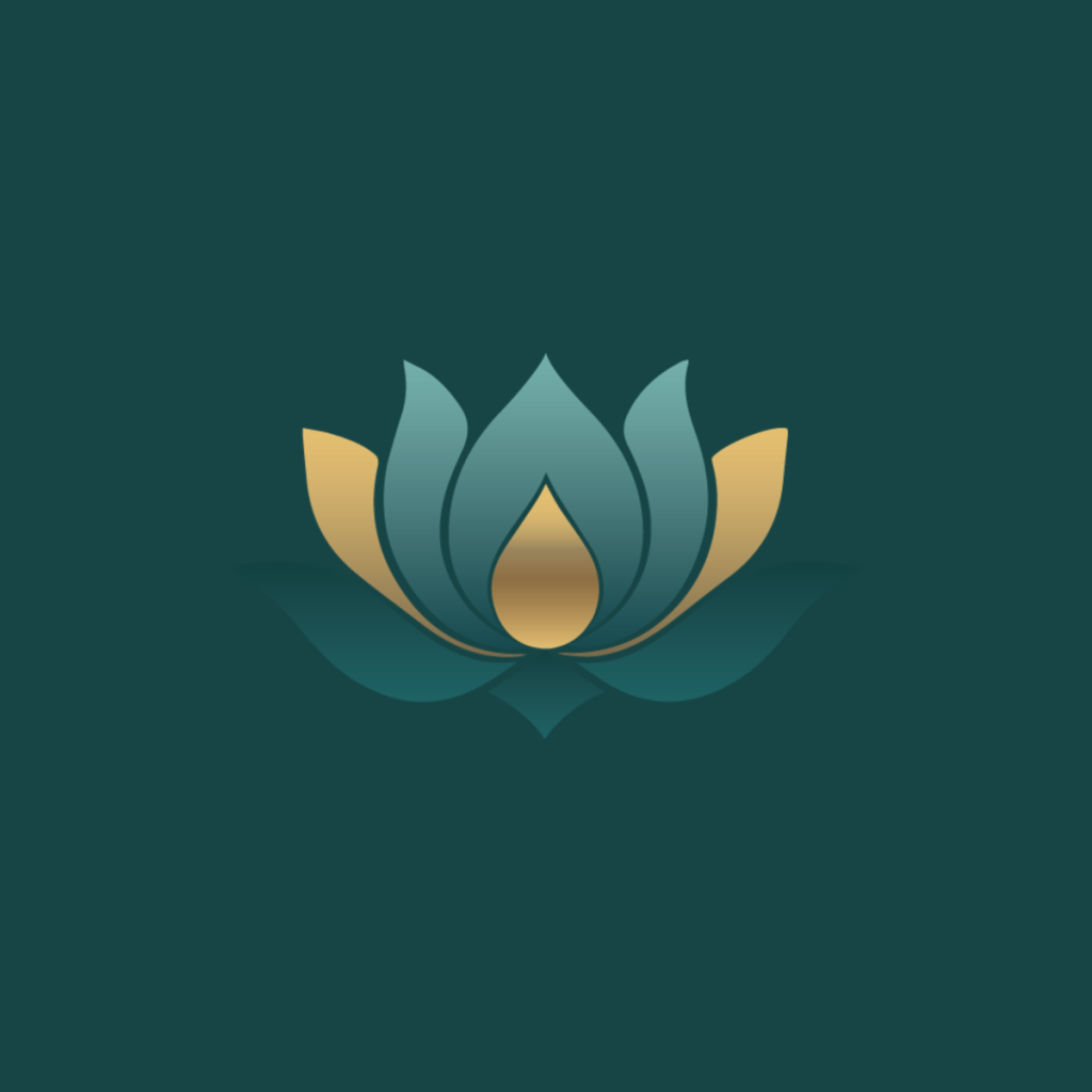 The Lux Prana lotus mark in teal and gold