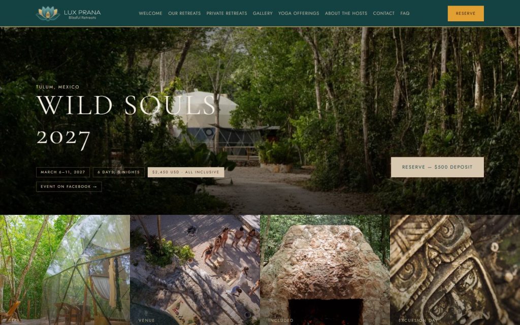Lux Prana retreat page: Wild Souls 2027 in Tulum, with dates, price and a reserve button